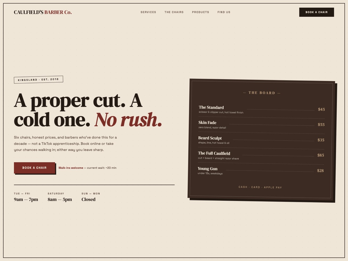 Barber Shop website design — screen 1