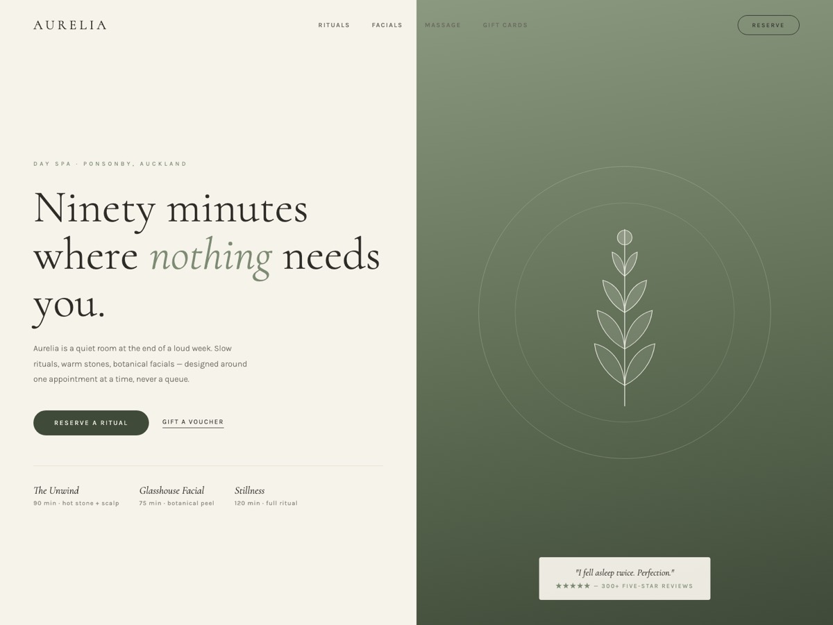 Day Spa website design — screen 1
