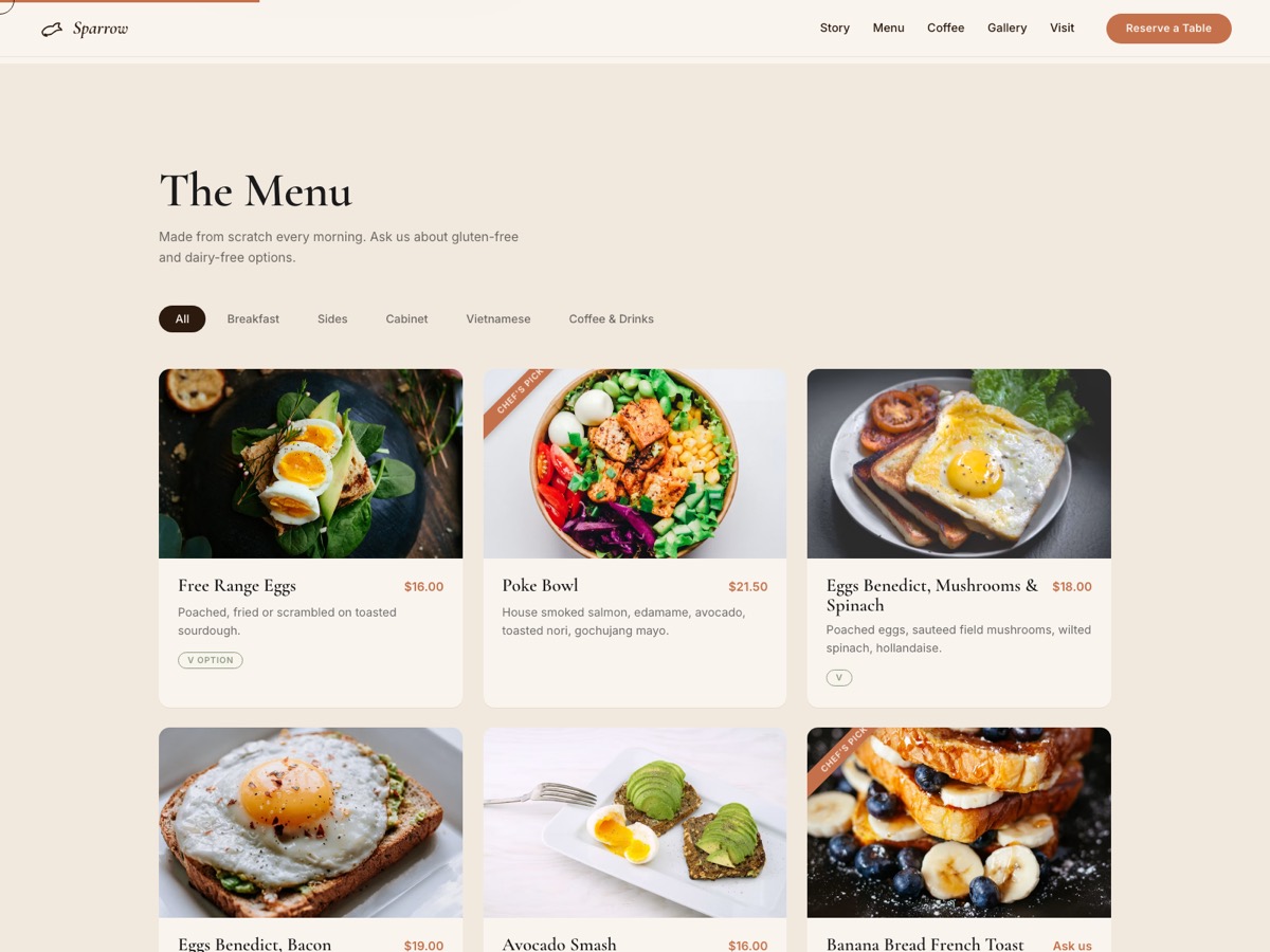 Sparrow Cafe website design — screen 4