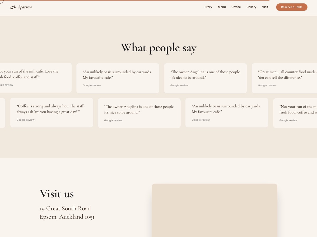 Sparrow Cafe website design — screen 6