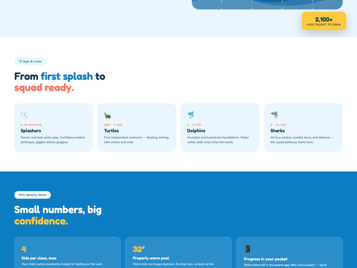 Swim School website design — screen 2