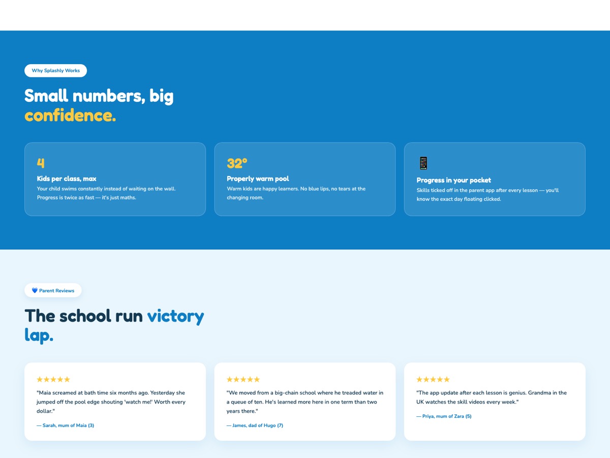 Swim School website design — screen 3