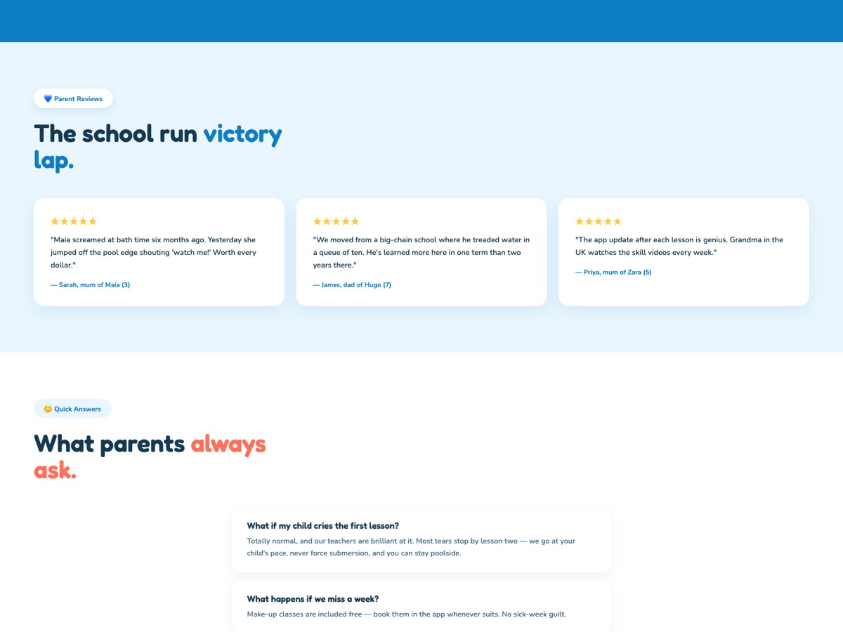 Swim School website design — screen 4