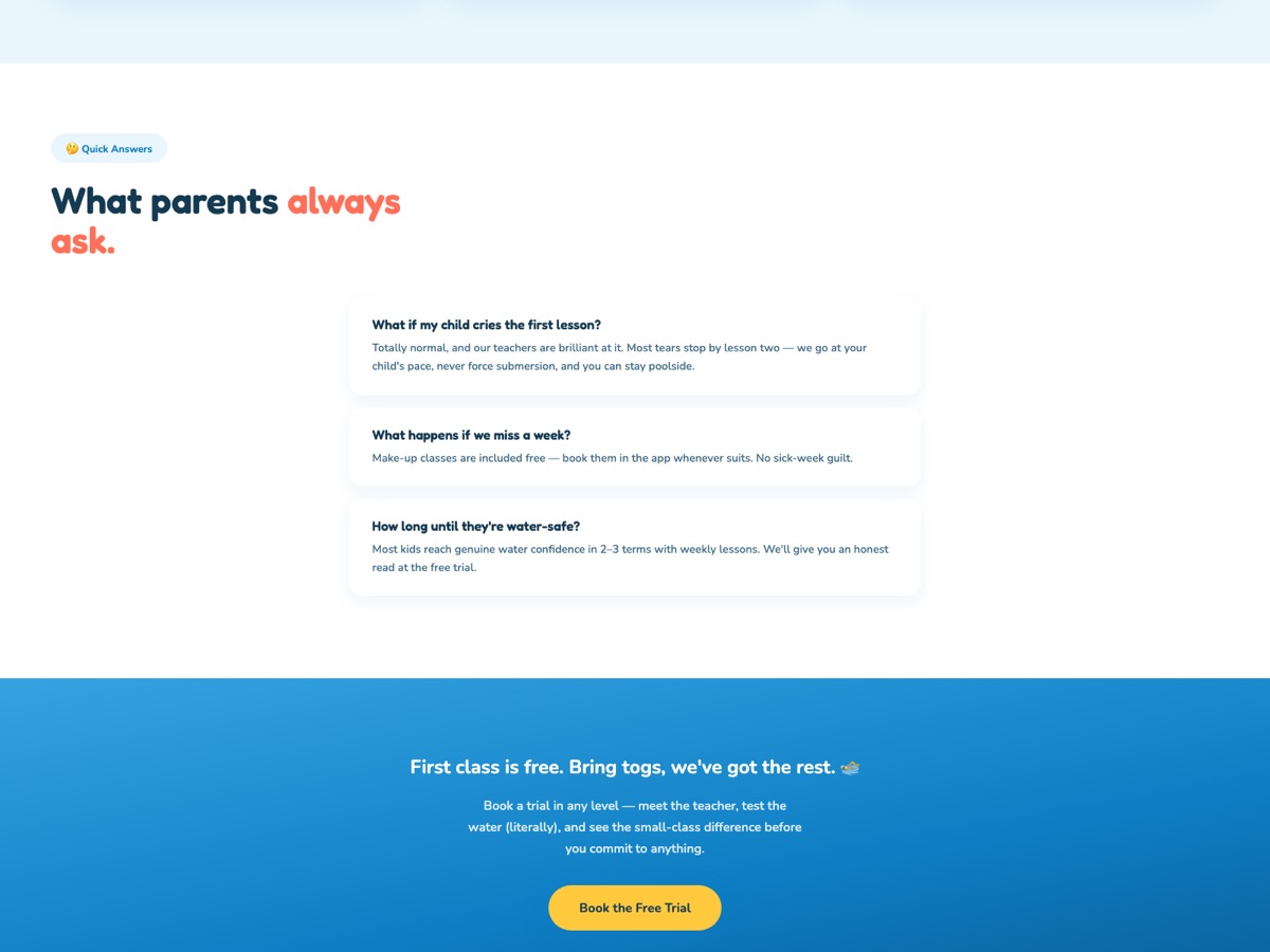 Swim School website design — screen 5