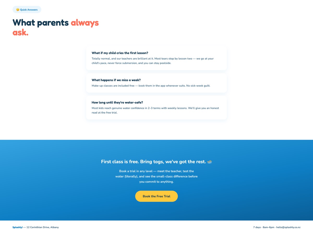 Swim School website design — screen 6