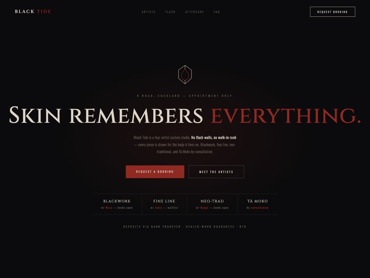 Tattoo Studio website design — screen 1